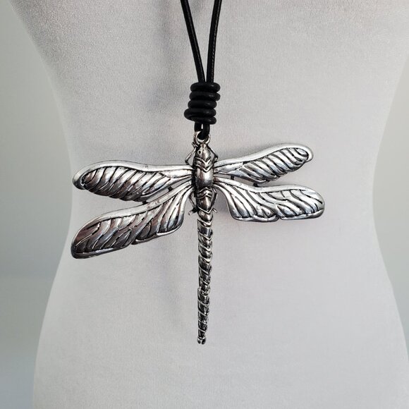 Elegant Large Silver Dragonfly Pendant on Long Leather Cord Necklace Rustic Look - Picture 6 of 12